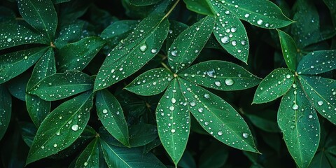 Poster - Background of cassava leaves covered in dew drops.