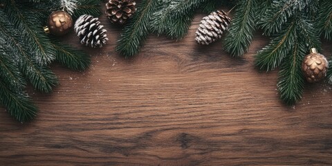 Poster - Christmas and New Year arrangement on a wooden surface. Postcard featuring a fir branch and decorations. Top view. Flat lay. Copy space.