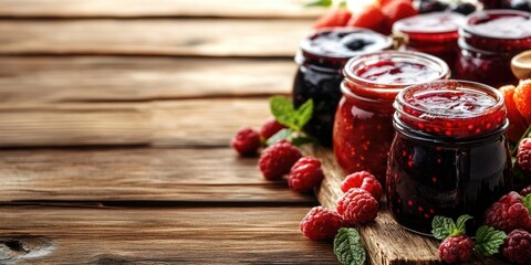 Canvas Print - Variety of berry and fruit jams. Collection of different seasonal summer berry and fruit jams, marmalades, and confitures. Wooden rustic background copyspace.