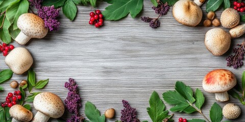 Poster - Photo frame featuring raw mushrooms, rowan berries, green leaves, and purple flowers on a gray wooden background, top view, copy space.