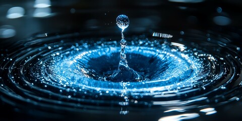 Poster - A single water drop creates ripples in a dark blue pool.