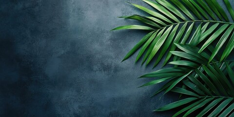 Wall Mural - Top view of a branch of tropical palm leaves isolated on a dark gray background with copy space.