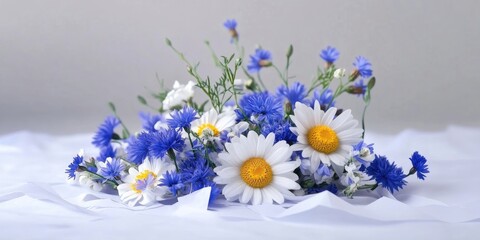Aufkleber - A bouquet of daisies and cornflowers on a white table made of recycled paper.