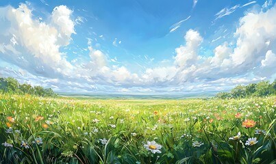 Aufkleber - A vibrant, expansive meadow filled with colorful wildflowers under a bright blue sky dotted with fluffy clouds.