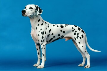 Wall Mural - Dalmatian dog standing on blue background, displaying its iconic black spots and elegant posture 