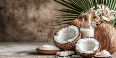 Poster - concept of spa and body treatments includes coconut oil, coconut milk, soaps, and bath salts.