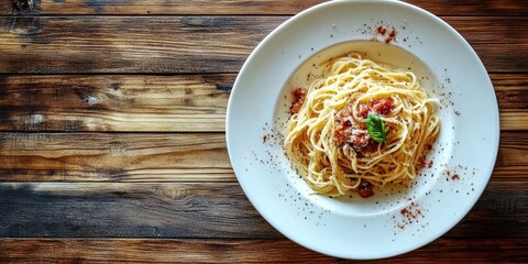 Poster - Classic Italian pasta carbonara on a white plate on a wooden tabletop, rustic style, top view copy space.