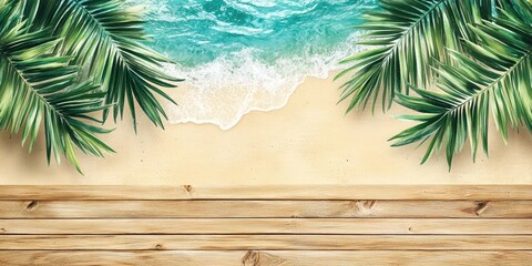 Poster - Vacation backdrop. Wooden slats with palm leaves on the shore.
