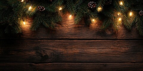 Wall Mural - A Christmas tree garland shines on a rustic wooden table, creating a festive background.