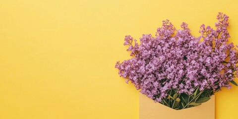 Poster - Sprigs of lilac in a postal envelope on a yellow background. copyspace. spring vibe. International Women's Day. the freshness of flowers.