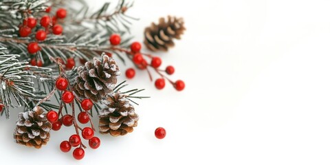 Fototapete - Christmas background featuring a fir tree, red winter berries, and cones on a white backdrop.
