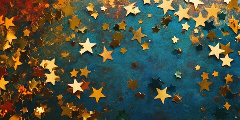 Poster - Golden confetti stars on a colored background, viewed from above.
