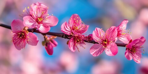 Poster - Pink flowers on a tree branch, with a blurred background featuring a blue sky, representing a spring theme.