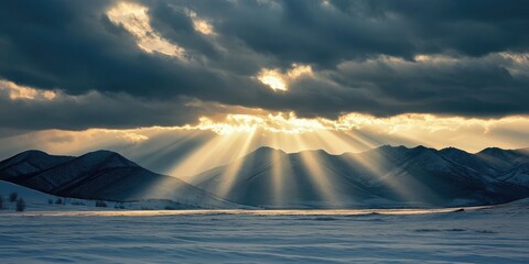 Poster - Sunlight breaking through the clouds in the winter sky.