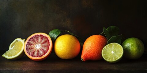 Poster - Fresh, juicy citrus fruits on a dark background. Blood oranges, navel oranges, and lime.