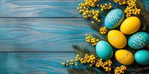 Aufkleber - Brightly colored Easter eggs and mimosa arranged on a wooden surface.