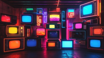 Poster - Colorful retro televisions with neon lights, vibrant display, artistic arrangement