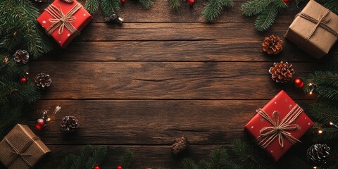 Aufkleber - Christmas and New Year celebration on an aged wooden backdrop with copy space for your text. Top view image.