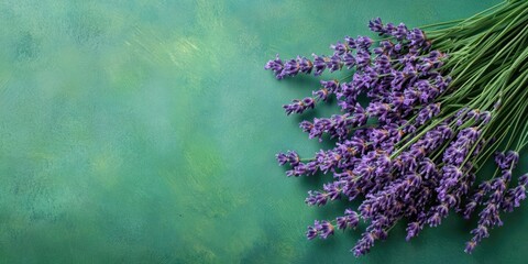 Poster - Bouquet of lavender flowers on a green background. Copy space, top view. Summer background.