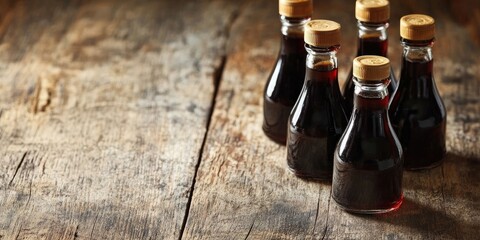 Aufkleber - Bottles of soy sauce on a wooden table. Room for text.