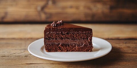 Poster - A slice of chocolate cake is set on a white plate against a wooden background with copyspace.