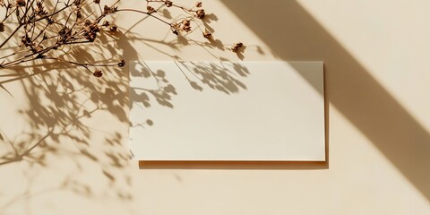 Poster - Blank paper sheet cards with copyspace and dried flower buds casting sunlight shadows on a beige background. Minimal business brand template. Flat lay, top view.