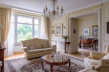 A spacious and elegant living room with a large window, a beige sofa, a coffee table, two armchairs, and a chandelier.