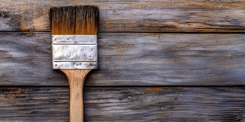 Poster - Brush on a wooden boards background. Represents the concept of repair, construction, or DIY home improvement.