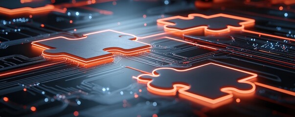 Poster - 3D Puzzle Pieces on Circuit Background