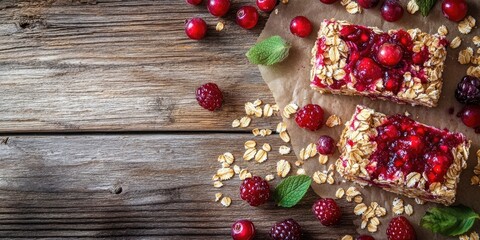 Canvas Print - Crumpled berry and oatmeal bars on a rustic wooden background, copyspace.