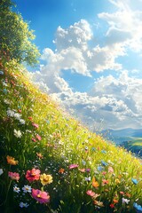 Aufkleber - A vibrant hillside landscape filled with colorful flowers under a bright blue sky, featuring fluffy clouds and distant mountains.