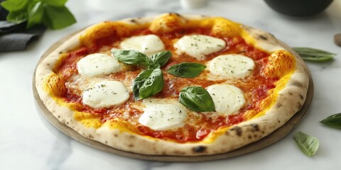 Aufkleber - Italian pizza topped with mozzarella cheese and basil on a marble table.