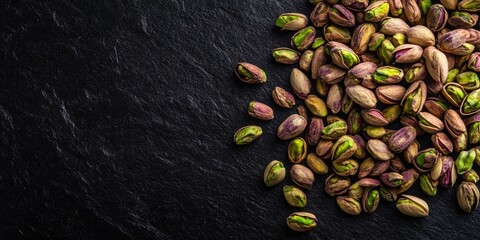 Poster - A pile of pistachios in their shells isolated on a black background with copyspace. Top view of raw food ingredients.