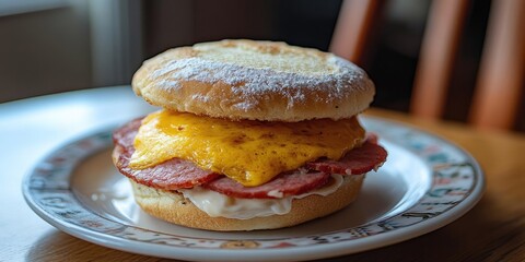 Poster - Homemade luncheon meat sandwich on an English muffin.