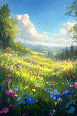 Aufkleber - A vibrant landscape filled with colorful wildflowers under a clear blue sky, showcasing the beauty of nature in a serene setting.