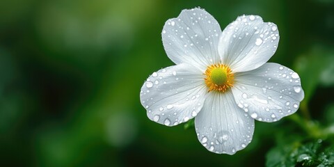 Poster - White flower with water droplets on a natural background featuring copy space.