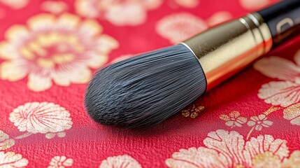 A close-up of a soft makeup brush with black bristles and a gold handle resting on an elegant red fabric adorned with golden floral patterns.