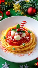 Creative holiday pasta dish with tomato sauce, mint, and festive decorations on a festive background.