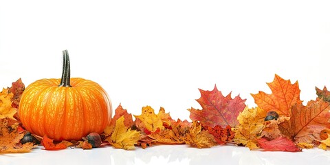 Aufkleber - Autumn leaves with an orange gourd on a white background, autumn border.