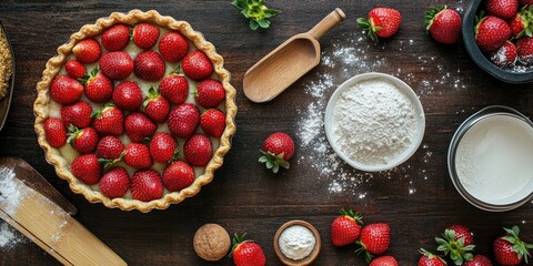 Poster - Bakery backdrop. Strawberry pie recipe. Unprocessed ingredients for preparing a strawberry pie or cake on a rustic surface. Top view, flat lay. Copyspace.