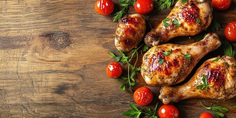 Poster - Chicken legs marinated in honey-malt with cherry tomatoes arranged elegantly on a wooden table. Close-up, copy space.