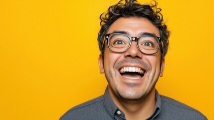 Smiling man with glasses, cheerful expression, yellow background