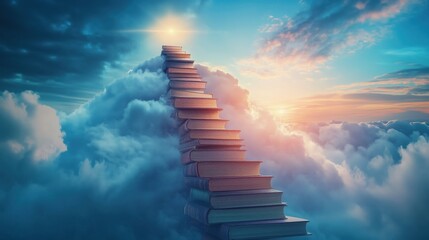 Poster - Stairway of books leading to bright sky, clouds, and sunlight