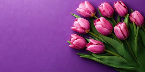 Aufkleber - Bouquet of pink tulips on a purple background with copyspace. Top view. Flat lay. Vertical image.