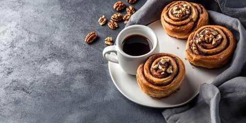 Aufkleber - Freshly baked cinnamon and nut rolls accompanied by a cup of coffee for breakfast on a gray cement backdrop. Copyspace. Bakery items.