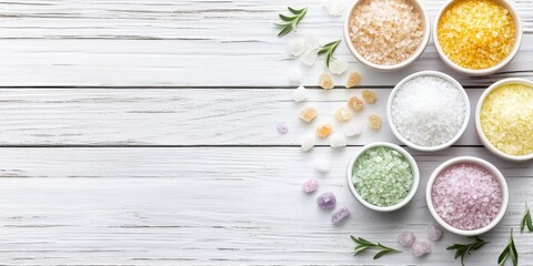 Poster - Spa cosmetics. A collection of salts in bowls on a white wooden background with a top-down view and copyspace.