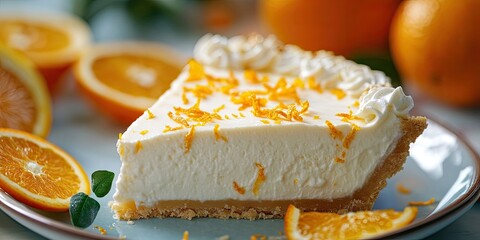 Aufkleber - Closeup of a slice of orange chiffon ice box pie in selective focus with a shallow depth of field. It is garnished with orange zest and surrounded by citrus fruits.