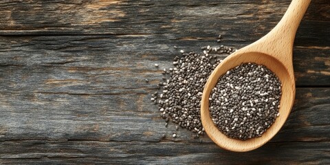 Poster - Chia seeds, an organic food for healthy eating on a wooden surface.
