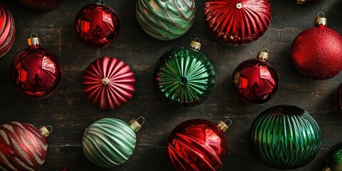 Leinwandbilder - Christmas red, wavy, and green ribbed ornaments on a dark wooden table. Top view.