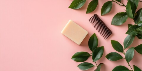 Poster - Flat lay arrangement of a solid shampoo bar, leaf, and comb on a pink background. Area for text.